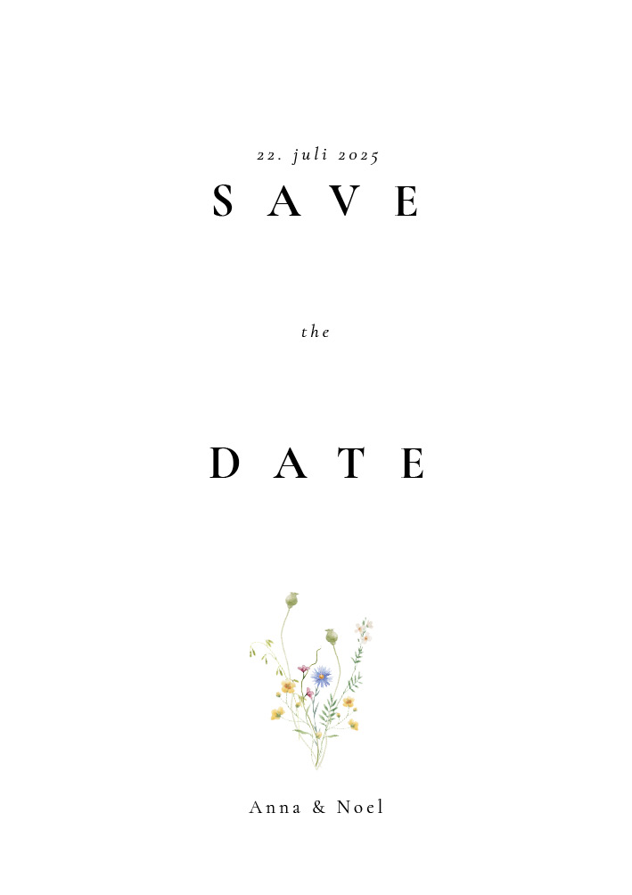 
                Anna og Noels Save the Date kort er designet til brudeparret der ønsker et smukt og elegant udtryk. Kortet er prydet med en buket af spinkle blomster i sarte farver. Til designet kommer også matchende elementer i form af velkomstskilt, salmehæfte, bordoversigt, menukort, bordkort, drinkskort, takkekort, invitation mm. således I kan skabe en rød tråd for dagen.                